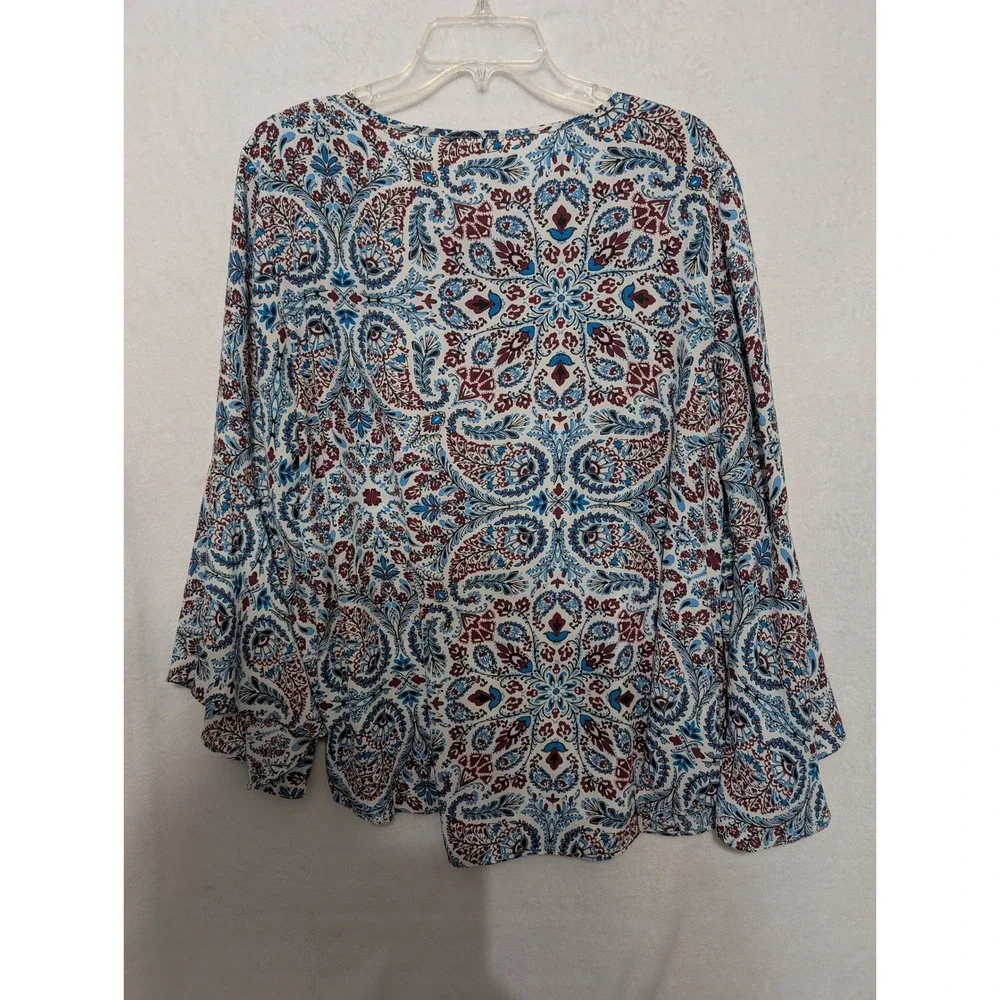 Cato Womens XL Paisley Floral Bell Sleeve Blouse Blue Burgundy Tie Neck Top